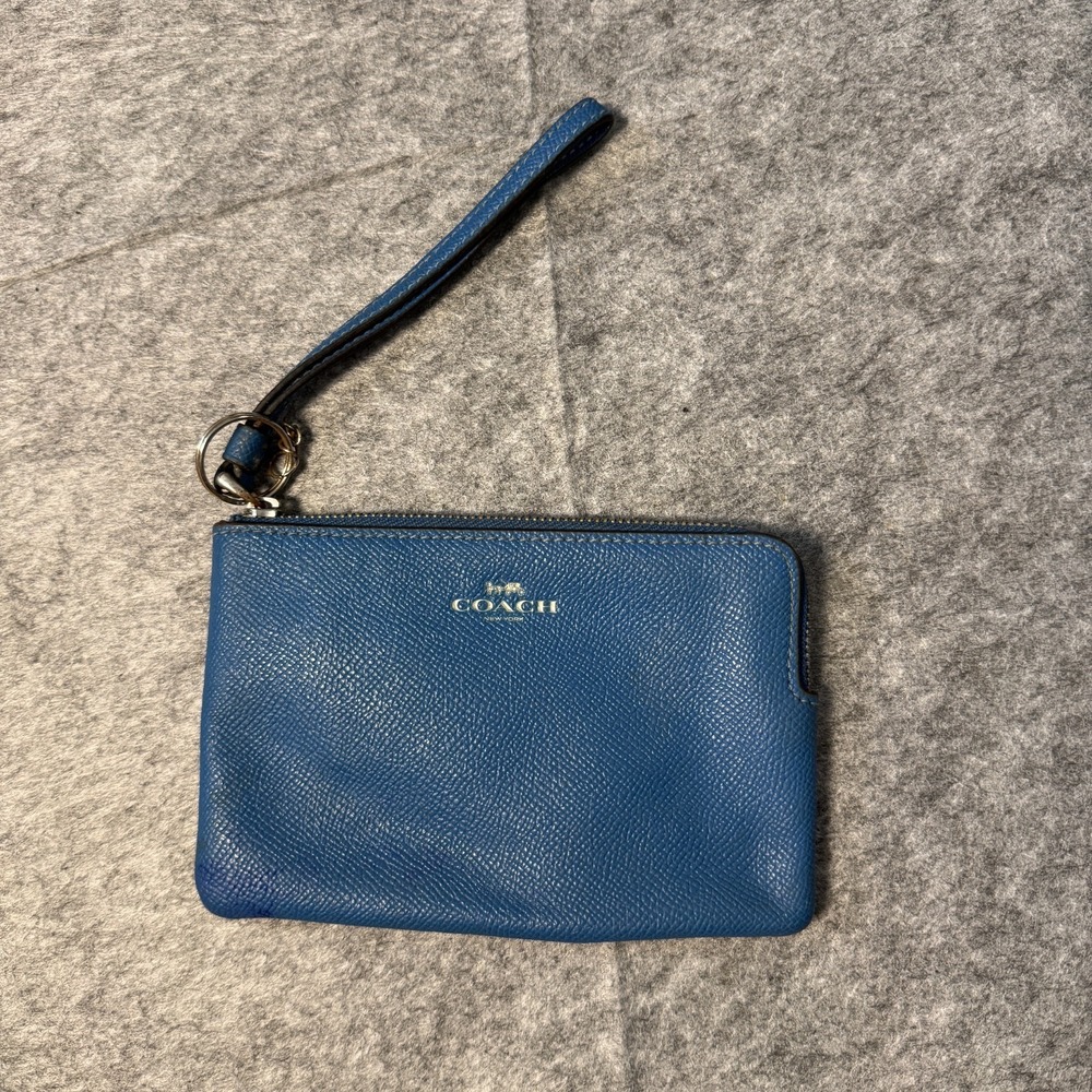 Coach Teal Blue Blue Crossgrain Leather Corner Zip Wristlet Wallet